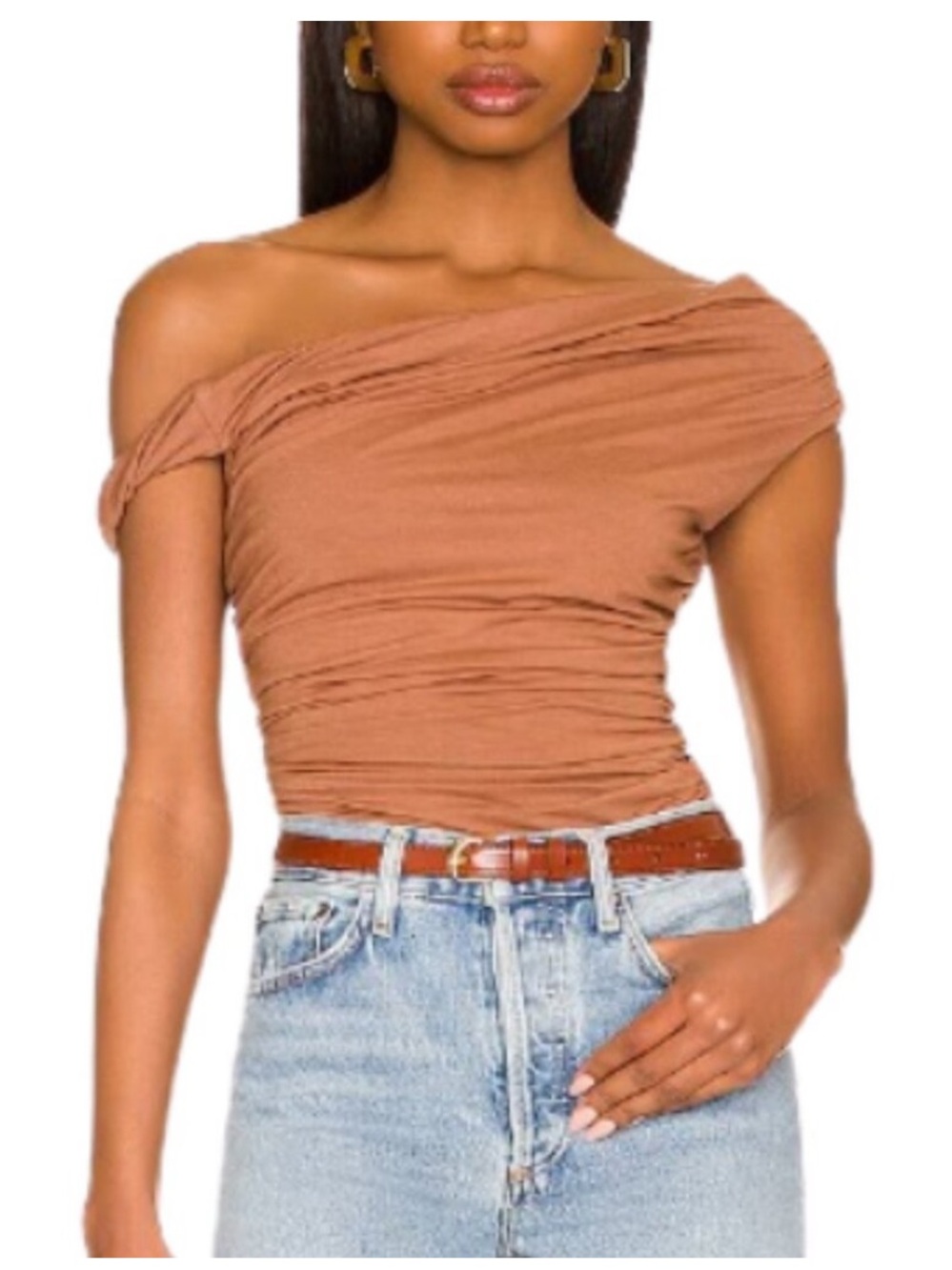 AGOLDE Hilma Twist Sleeve Bodysuit Tan Taupe L Large Off-The-Shoulder